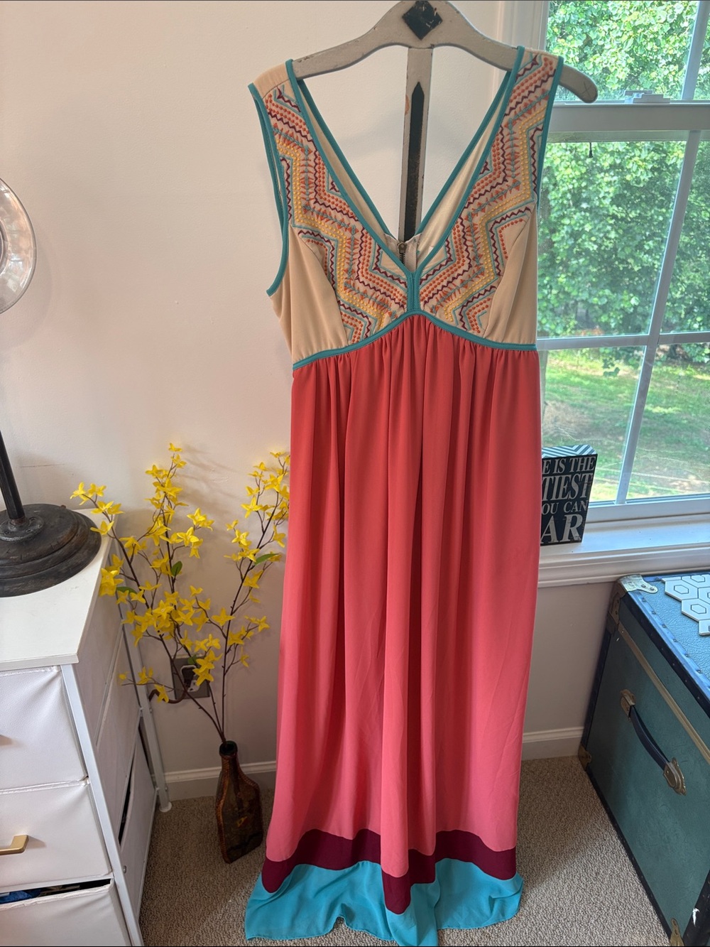 Coral Maxi Dress with Teal Trim and Embroidered Bodice